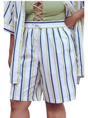 By ANTHROPOLOGIE Boxy “Bermuda Shorts” Striped in White, Navy, Lime White